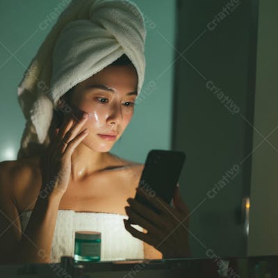 Cena suave e íntima de mulher asiática aplicando skincare enquanto usa app de beleza, com tons calmos em pastel 