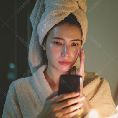 Cena suave e íntima de mulher asiática aplicando skincare enquanto usa app de beleza, com tons calmos em pastel 
