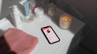 Flat lay de produtos de skincare e celular sobre penteadeira, representando ritual de beleza premium 