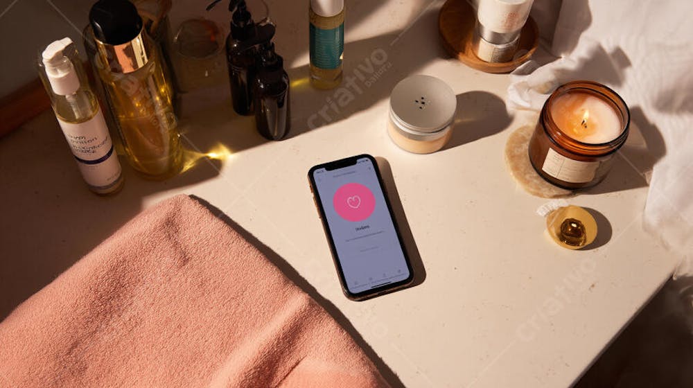 Flat lay de produtos de skincare e celular sobre penteadeira, representando ritual de beleza premium 