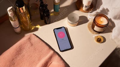 Flat lay de produtos de skincare e celular sobre penteadeira, representando ritual de beleza premium 