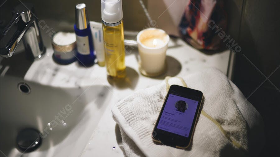 Smartphone em banheiro com produtos de beleza