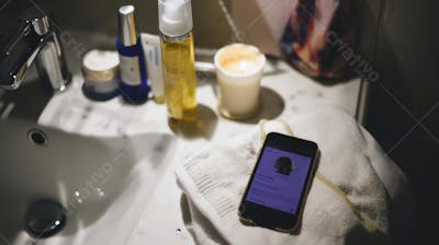 Flat lay de produtos de skincare e celular sobre penteadeira, representando ritual de beleza premium 