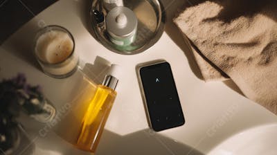 Flat lay de produtos de skincare e celular sobre penteadeira, representando ritual de beleza premium 