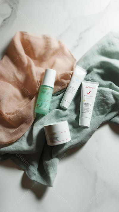 Flat lay elegante com mármore branco, linho suave e sombras em tons pastel, com clima de spa premium 