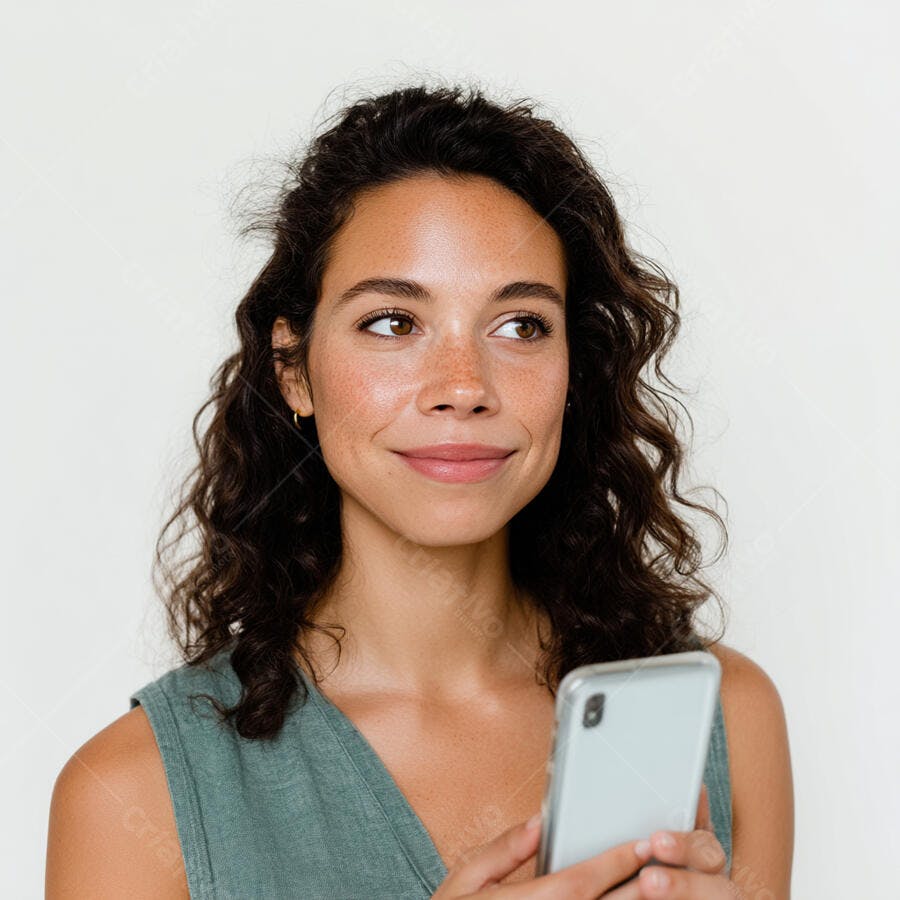 Mulher sorridente com celular fundo branco