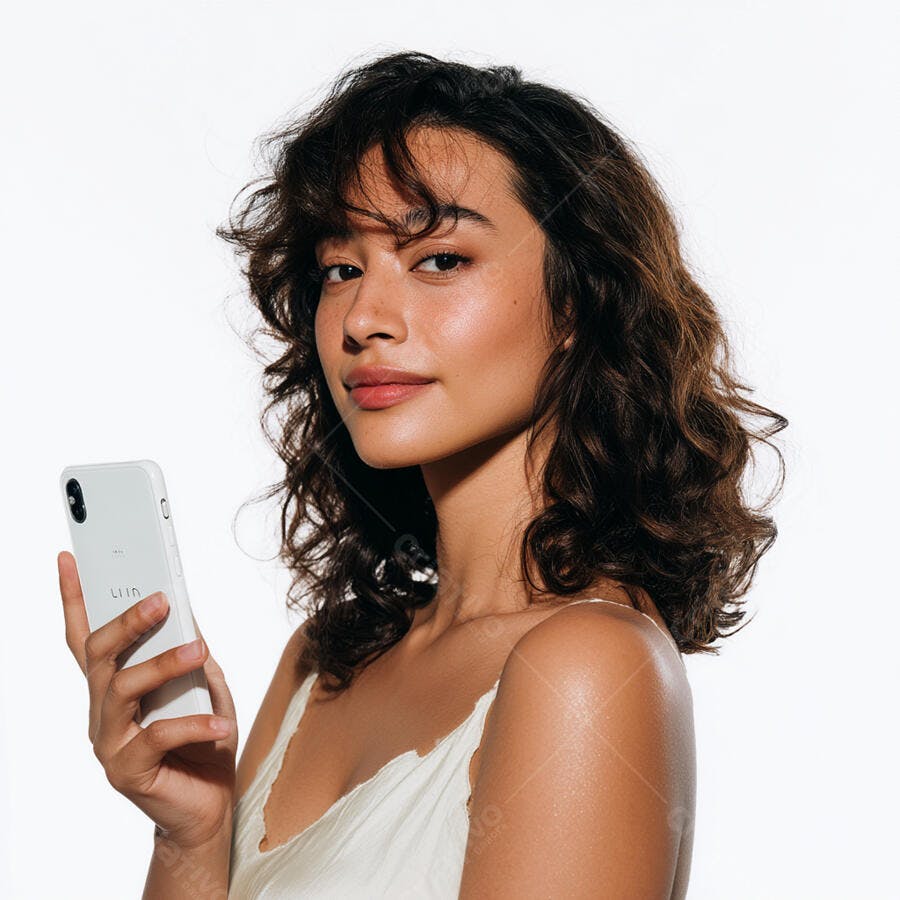 Mulher com cabelo cacheado segurando celular branco