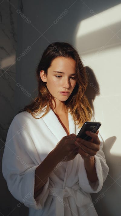 Retrato de lifestyle com mulher usando um app de skincare em ambiente claro e sereno 