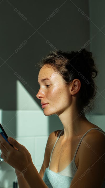 Retrato de lifestyle com mulher usando um app de skincare em ambiente claro e sereno 