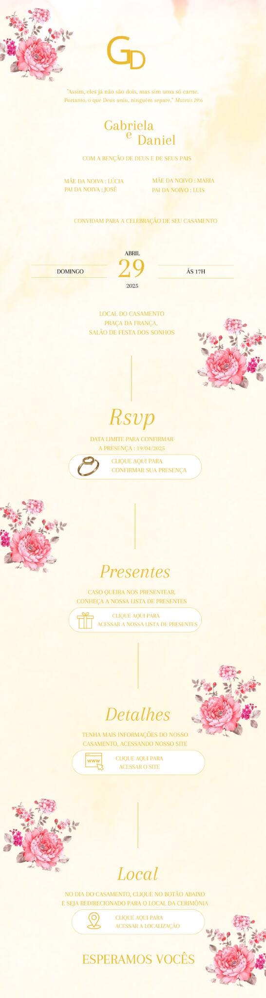 Convite de Casamento Romântico Flores Rosa e Dourado Editável no Canva