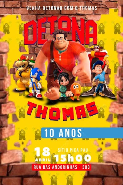 Convite de Aniversário Infantil do Desenho Detona Ralph Editável no Canva