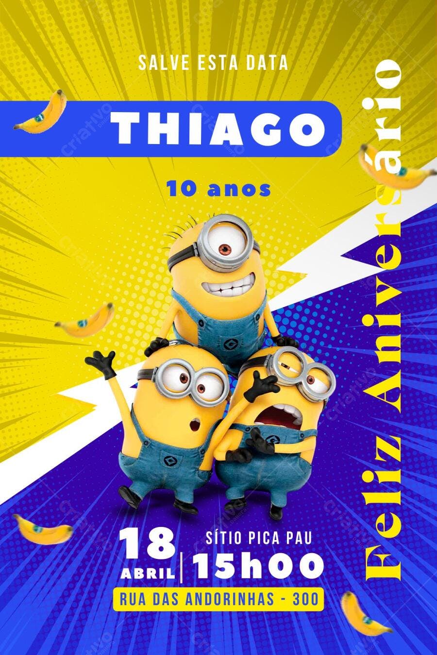 Convite de Aniversário Infantil Minions Amarelo e Azul Editável no Canva