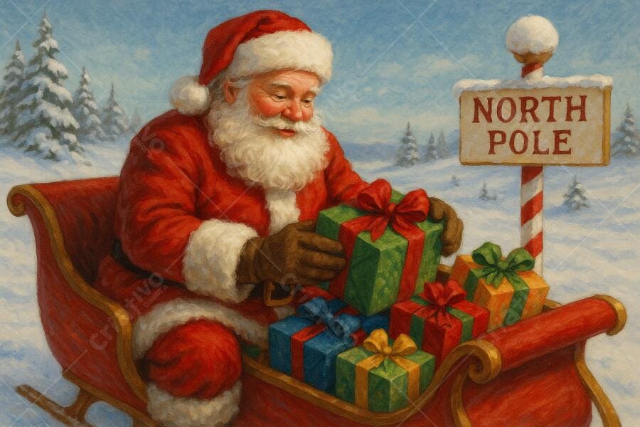 Papai Noel em seu trenó no Polo Norte