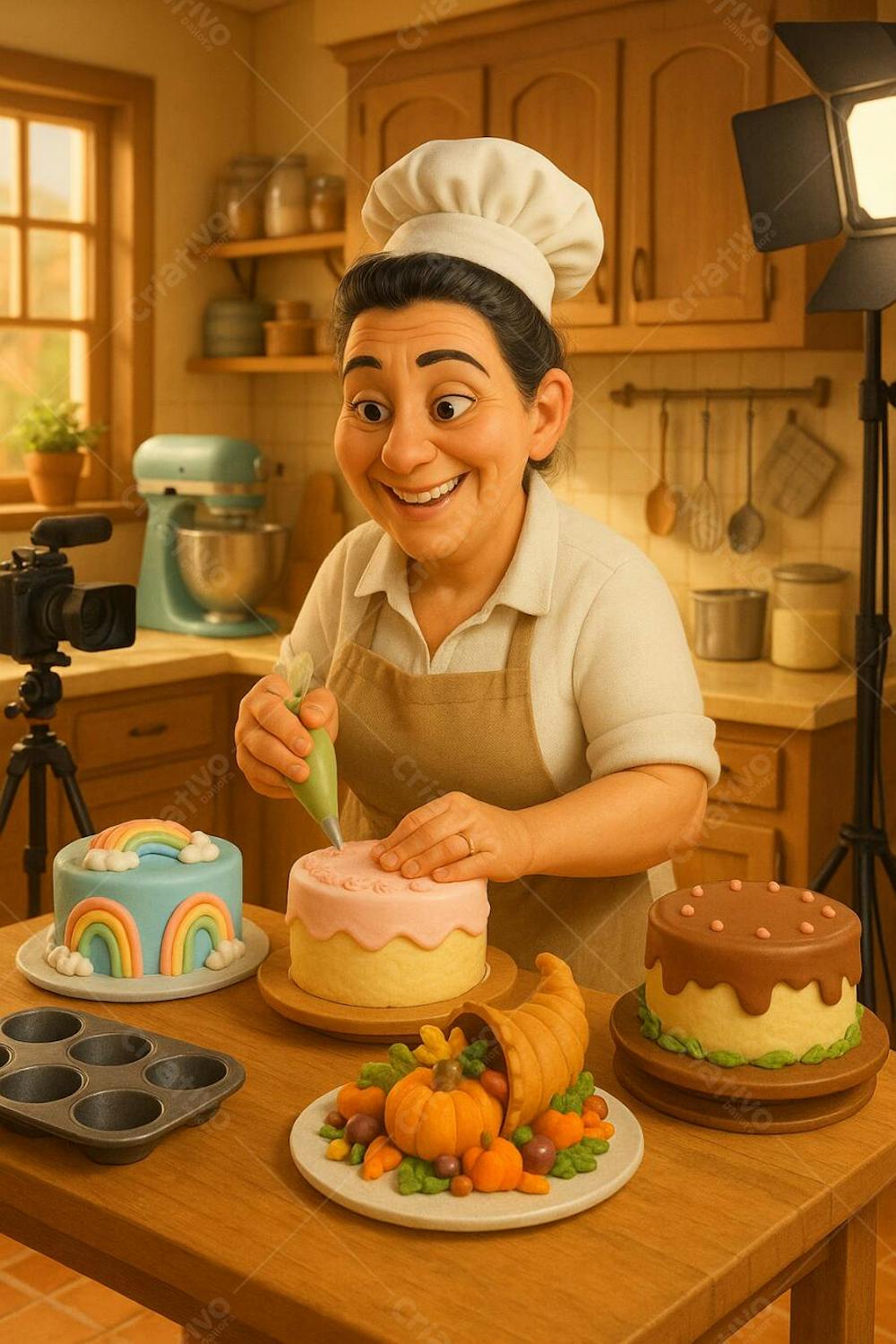 Imagem IA de Confeiteira confeitando bolo 