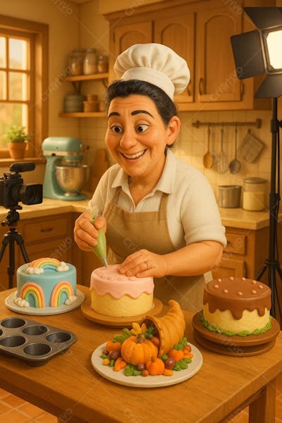 Imagem IA de Confeiteira confeitando bolo 