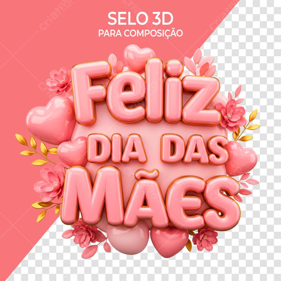 Selo 3D Dia das Mães Rosa e Dourado