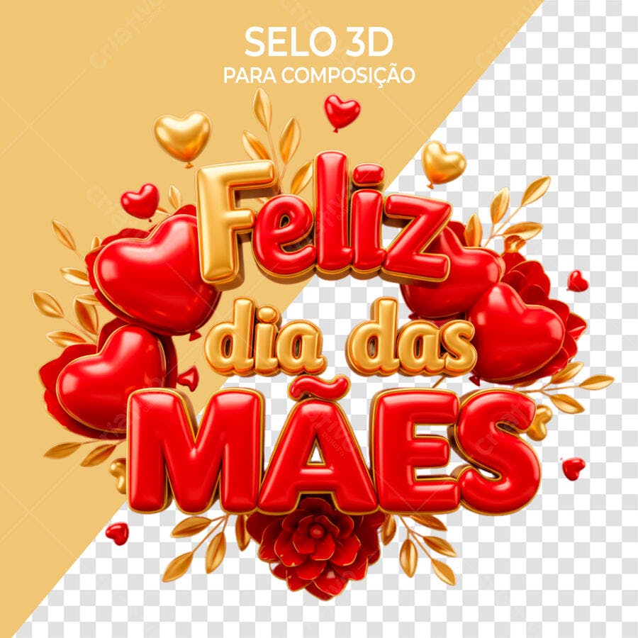 Selo 3D Dia das Mães Vermelho e Dourado