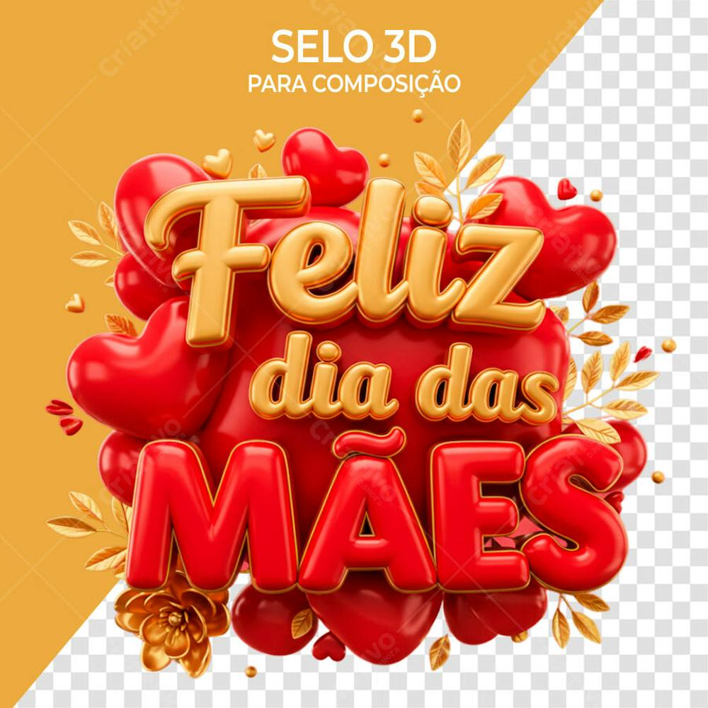Selo feliz dia das mães  coração vermelho e folhas
