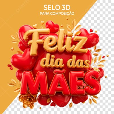 Selo feliz dia das mães  coração vermelho e folhas