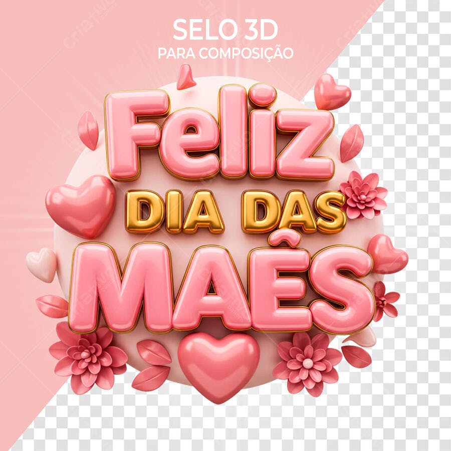 Selo 3D Dia das Mães Rosa e Dourado
