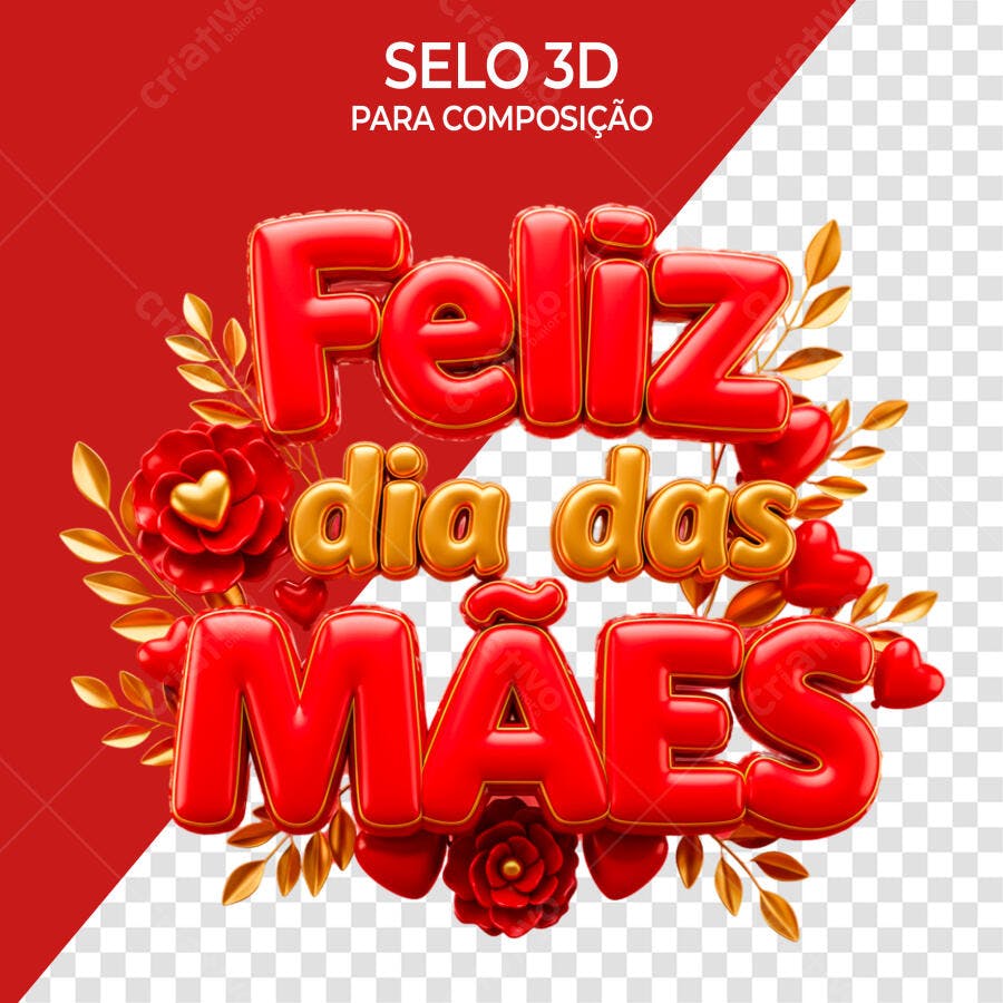 Selo 3D Feliz Dia das Mães Vermelho e Dourado