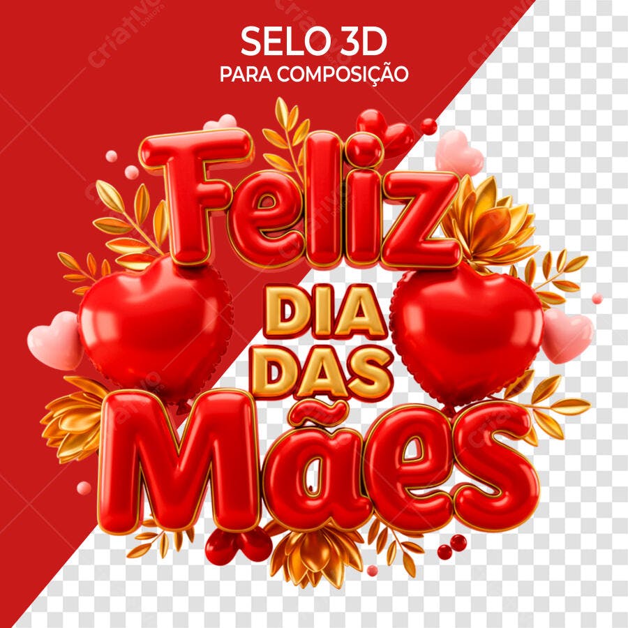 Selo 3D Dia das Mães Vermelho e Dourado