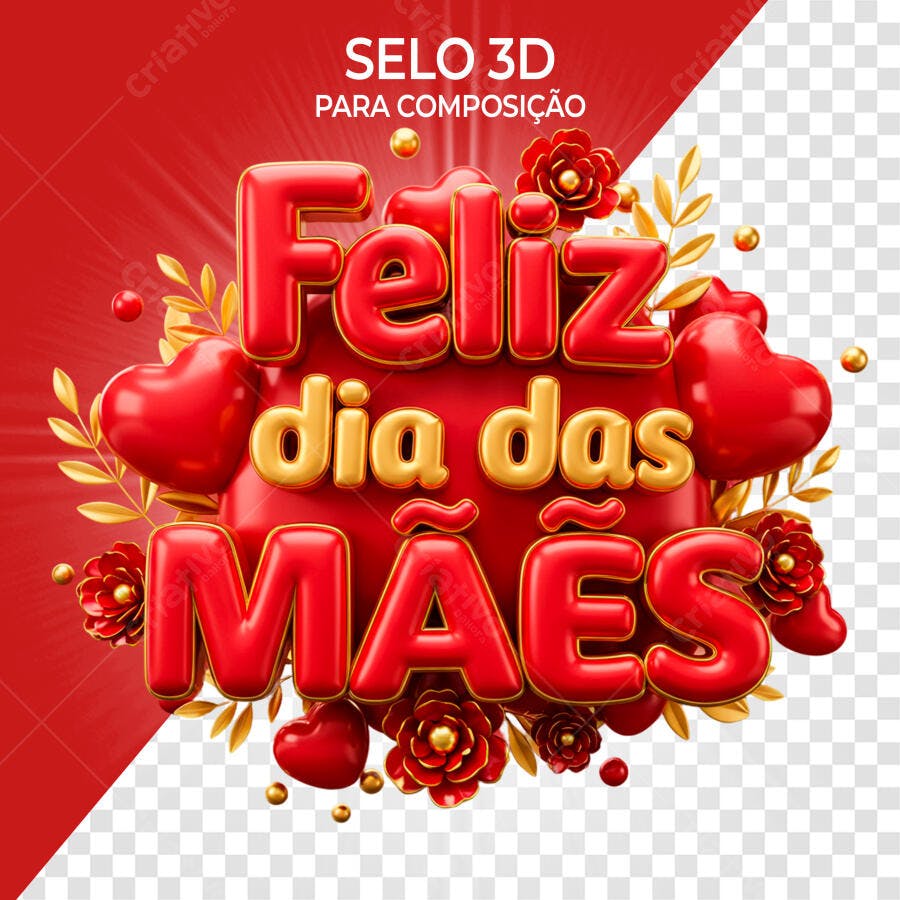 Selo 3D Feliz Dia das Mães Vermelho e Dourado