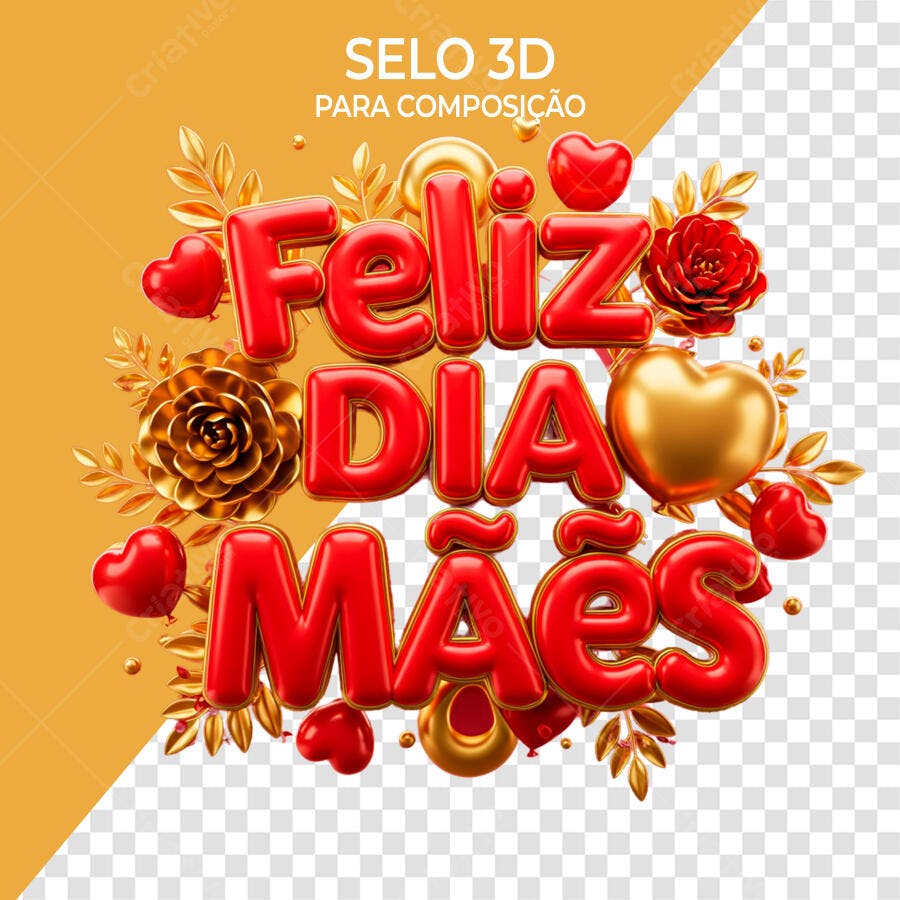 Selo 3D Feliz Dia das Mães Vermelho e Dourado