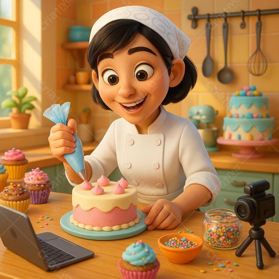 Menina confeiteira decorando bolo rosa