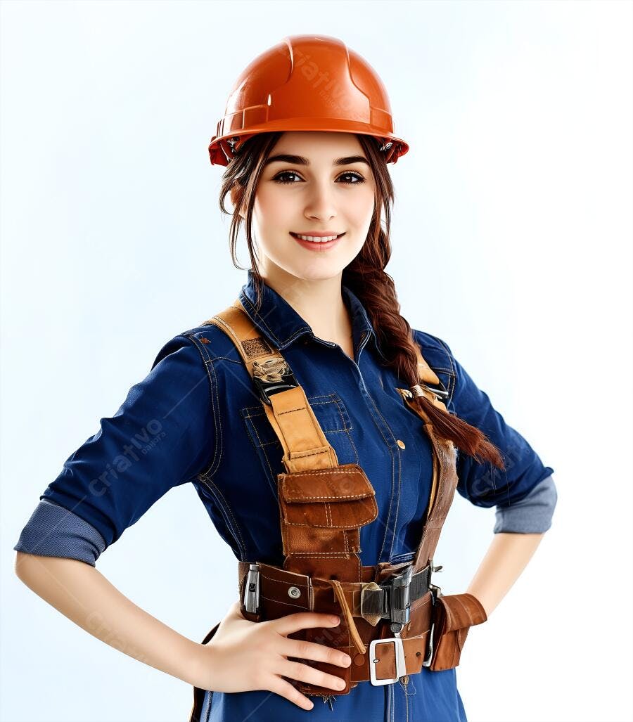 Engenheira sorridente com capacete laranja