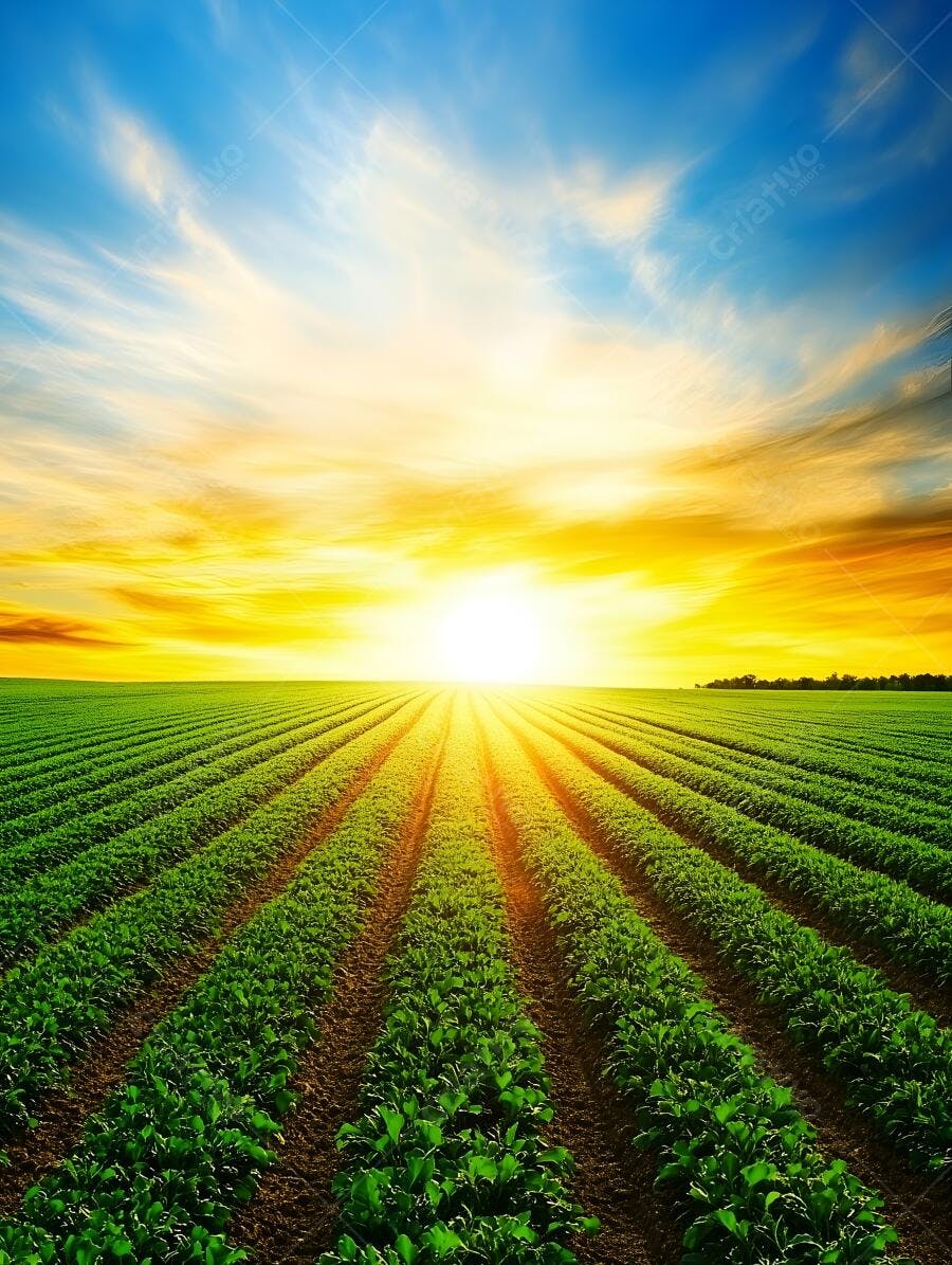 Campo verde ao pôr do sol dourado