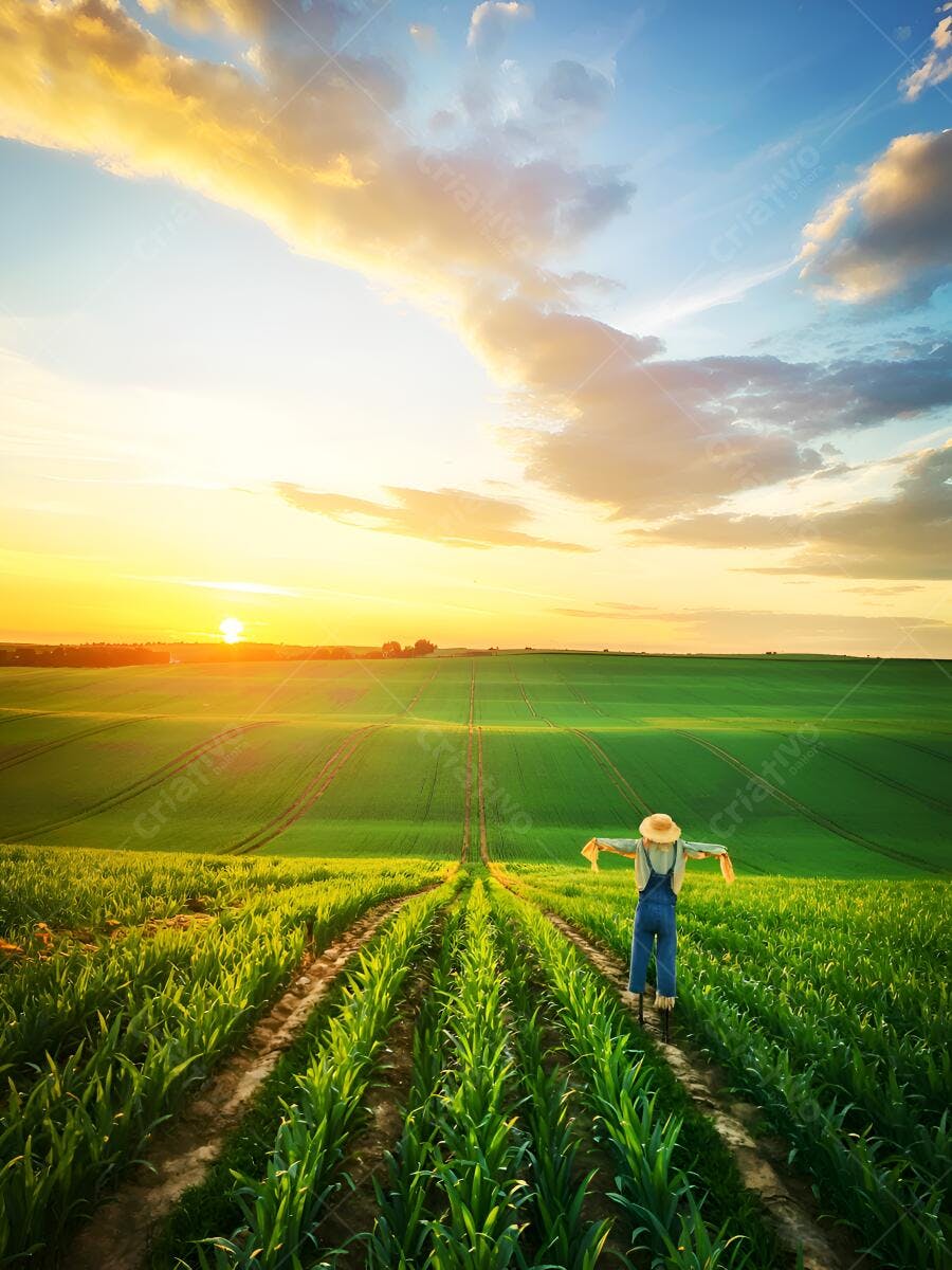 Espantalho em campo verde ao pôr do sol