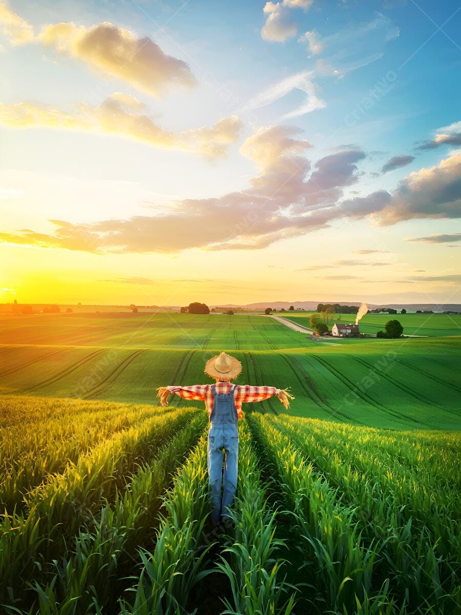 Espantalho em campo verde ao pôr do sol