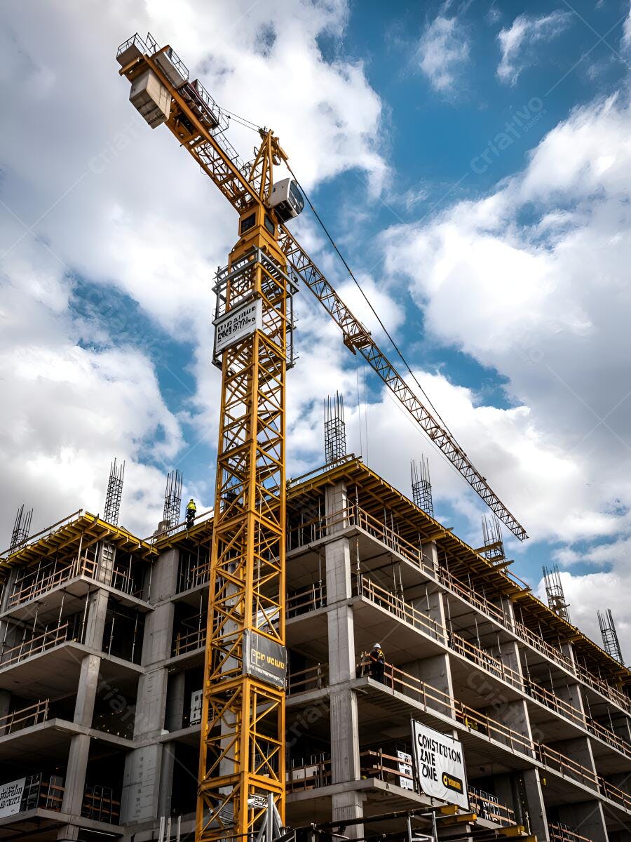 Construção de prédio moderno com guindaste amarelo