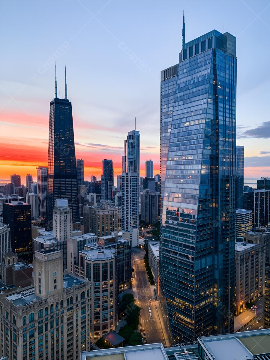 Madrugada em Chicago prédios e céu alaranjado