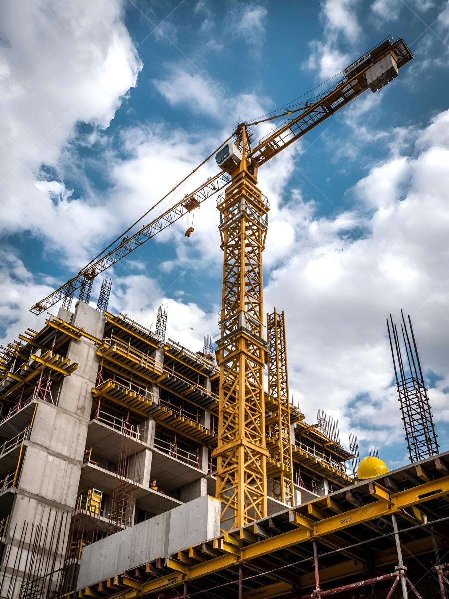 Construção de edifício moderno com guindastes