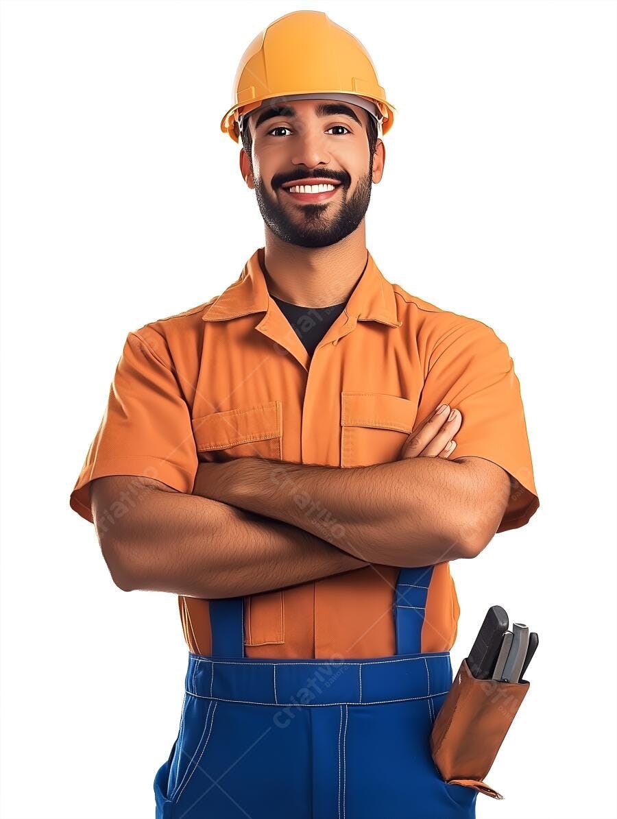 Homem sorridente com uniforme laranja e capacete