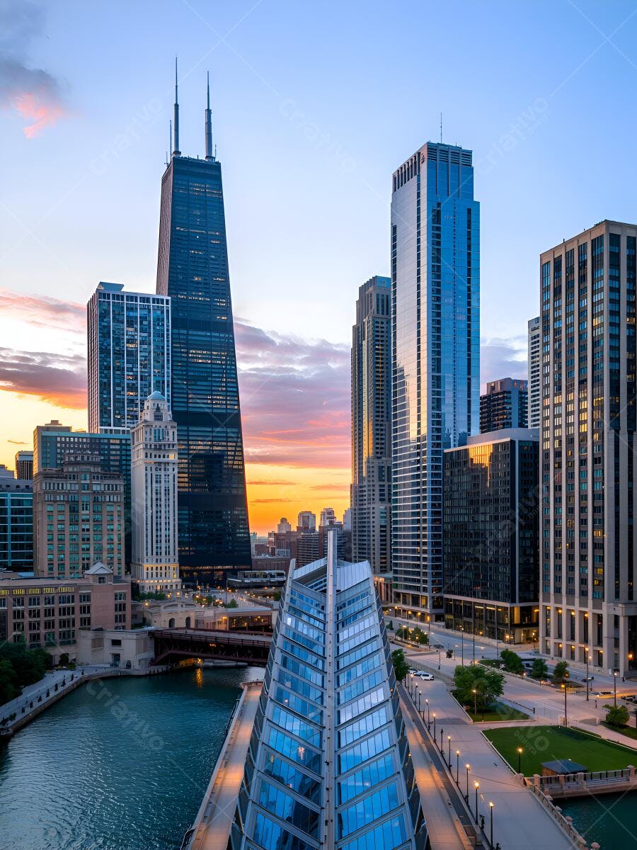 Chicago ao Amanhecer Prédios Modernos e Rio