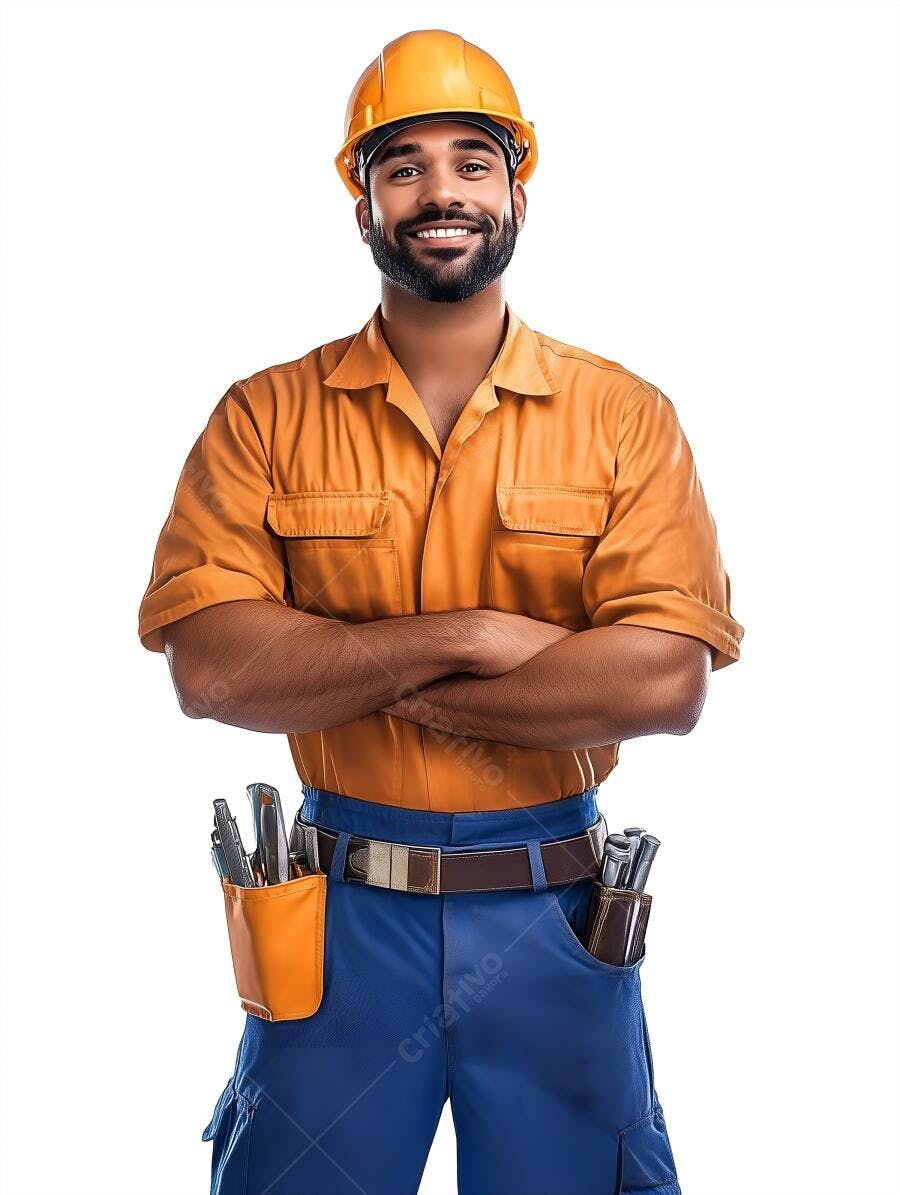 Homem sorrindo uniforme laranja construção