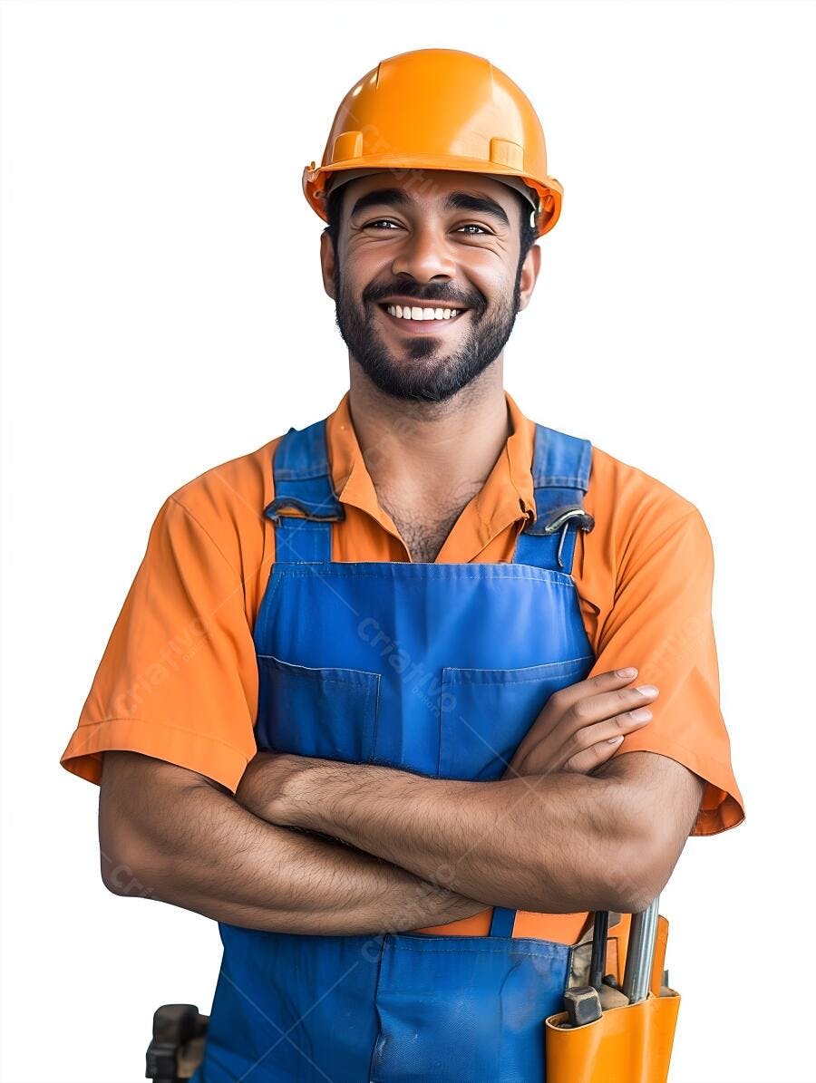 Homem sorrindo uniforme azul laranja