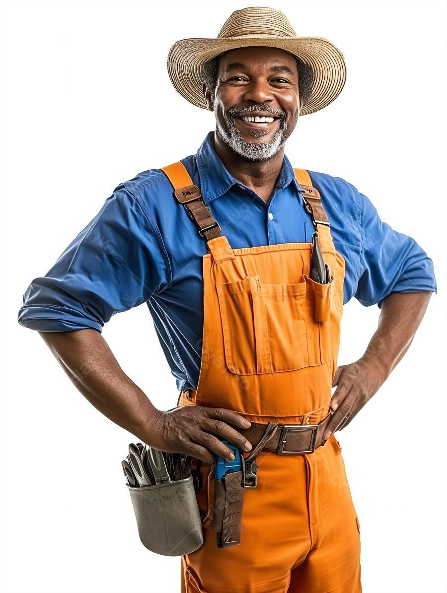 Jardineiro afro-americano sorridente em uniforme laranja