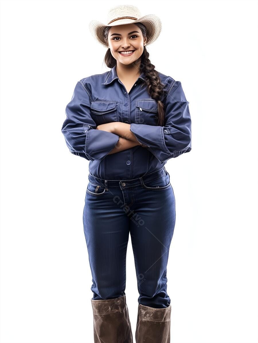 Fazendeira sorridente em uniforme jeans