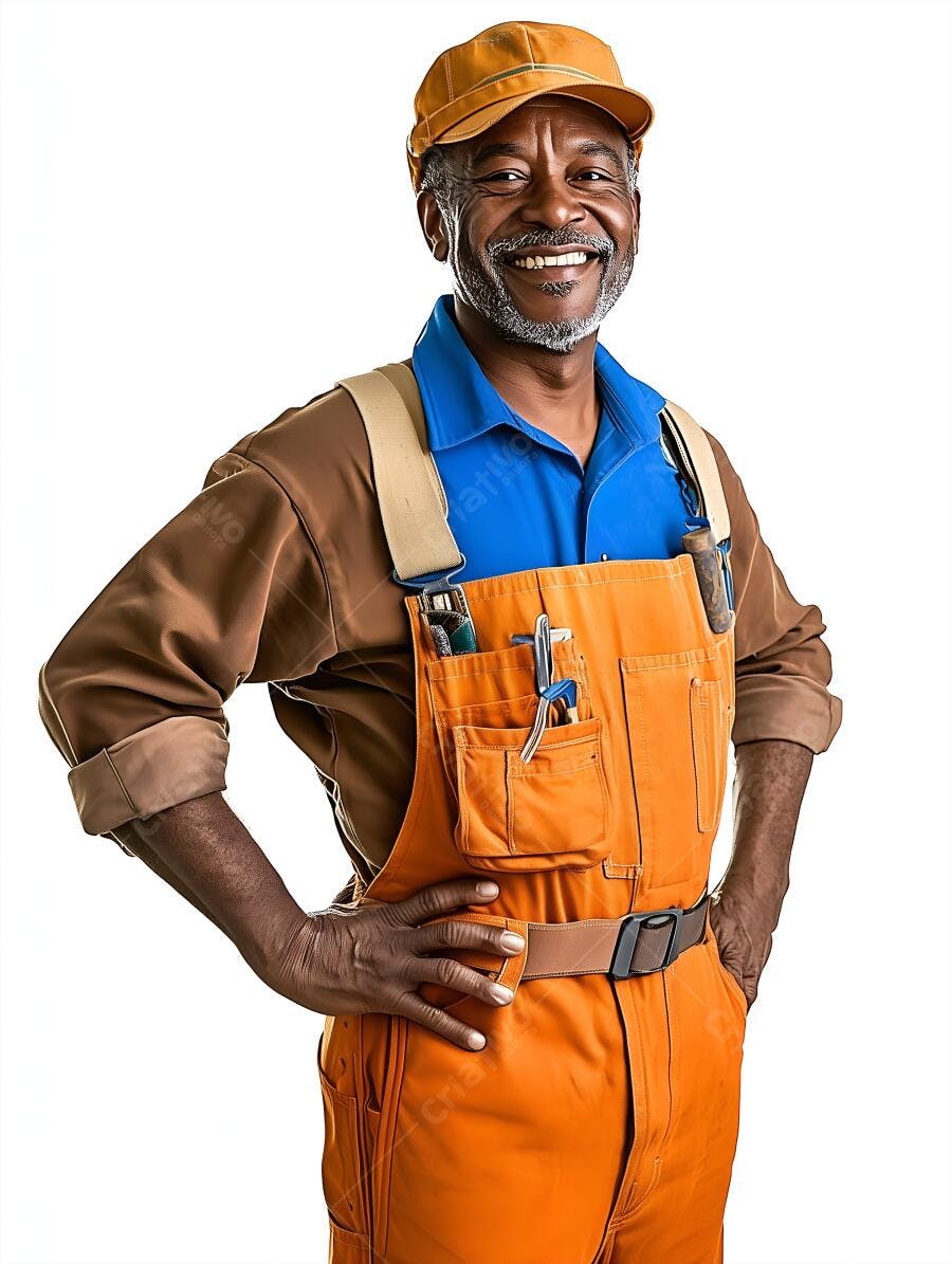 Homem negro sorridente em uniforme laranja