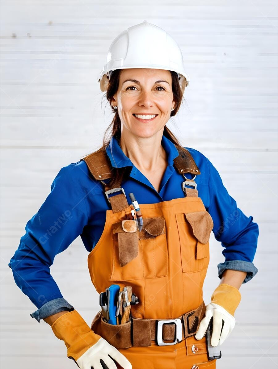 Engenheira sorridente usando uniforme laranja