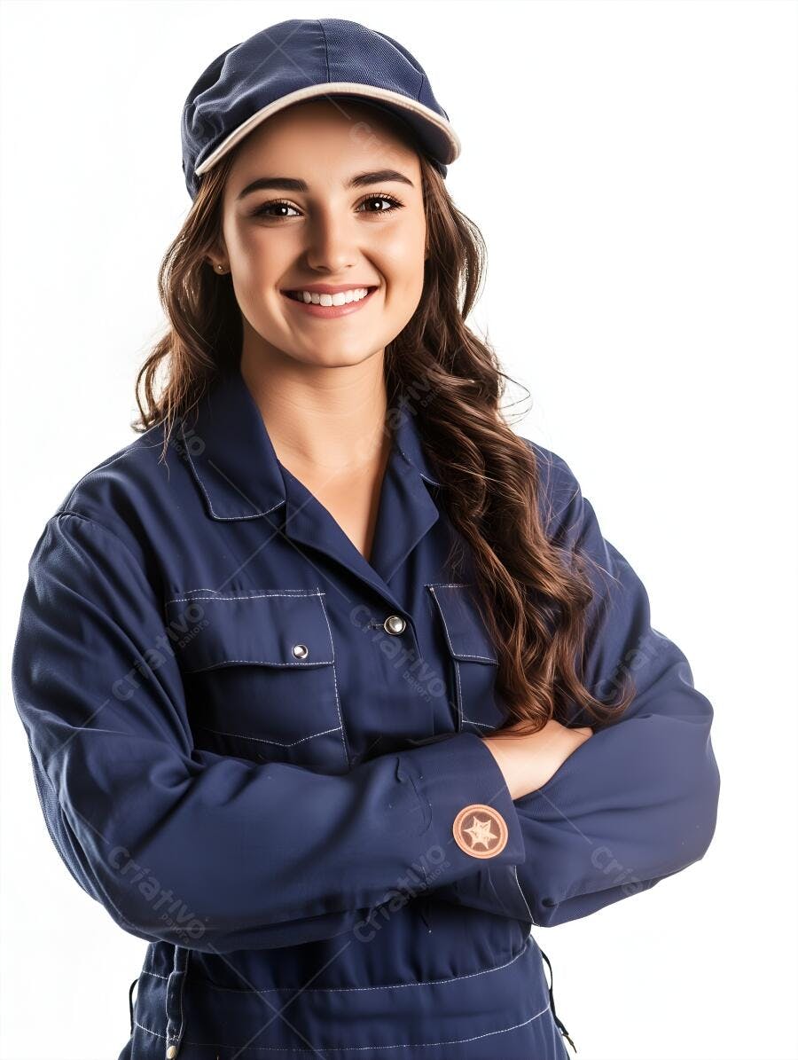 Mulher sorridente uniforme azul trabalho