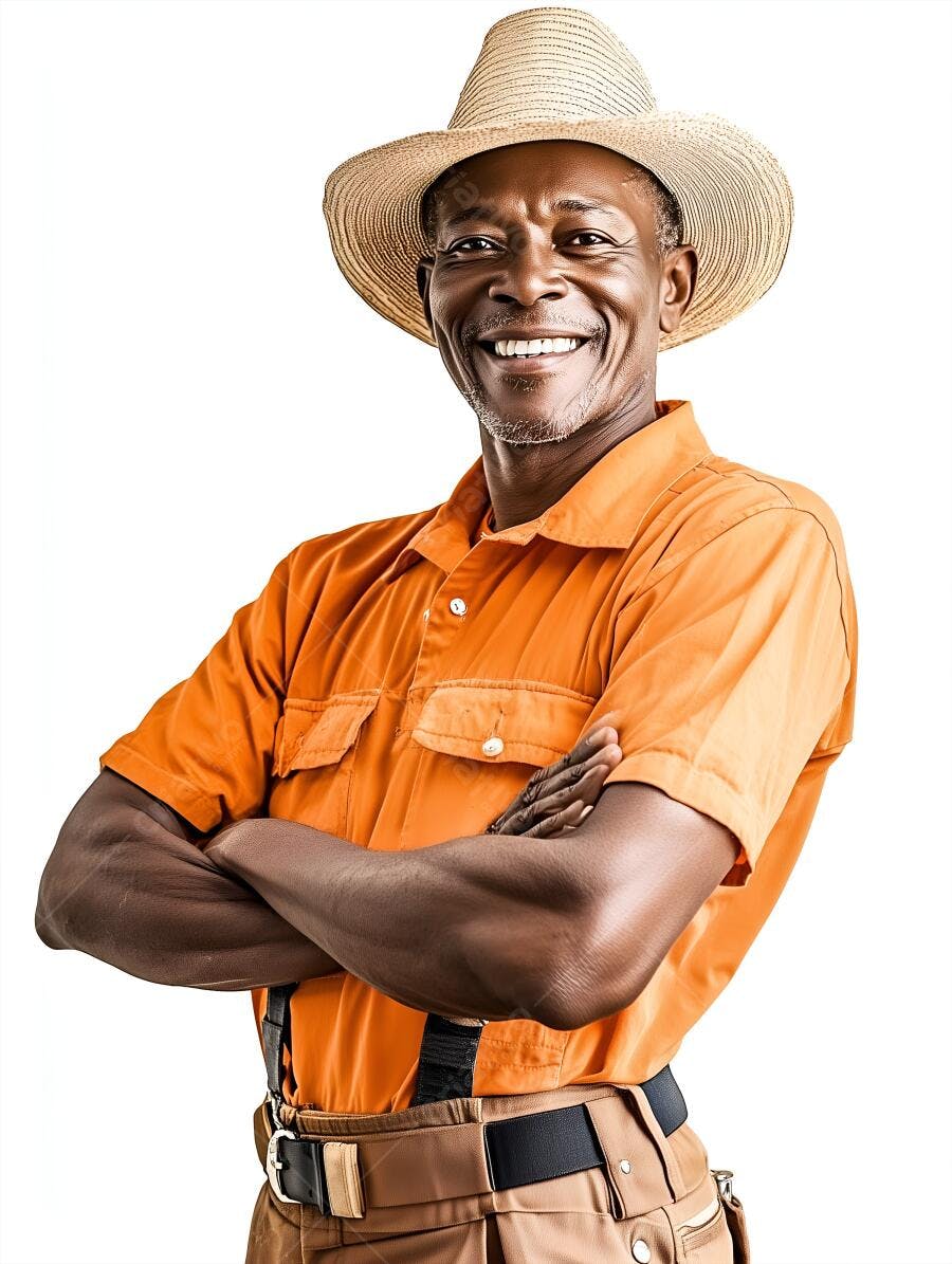 Homem negro sorridente uniforme laranja chapéu palha