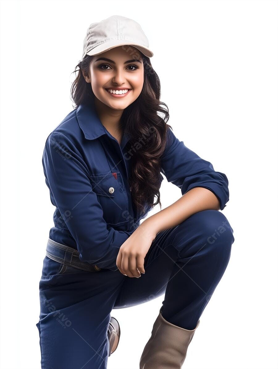 Mulher sorridente em uniforme azul