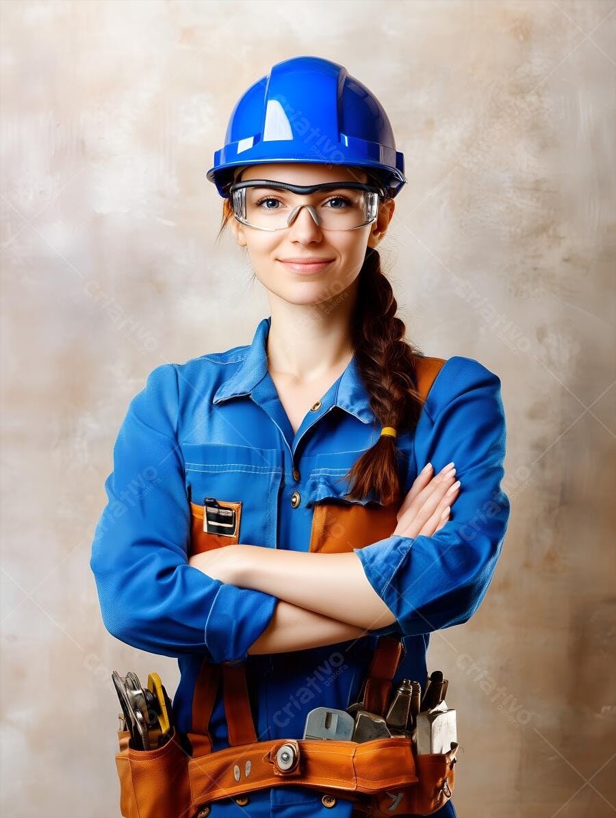 Mulher engenheira com uniforme azul e capacete