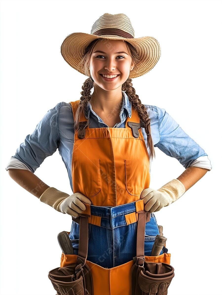 Jardineira sorridente com chapéu de palha e uniforme laranja