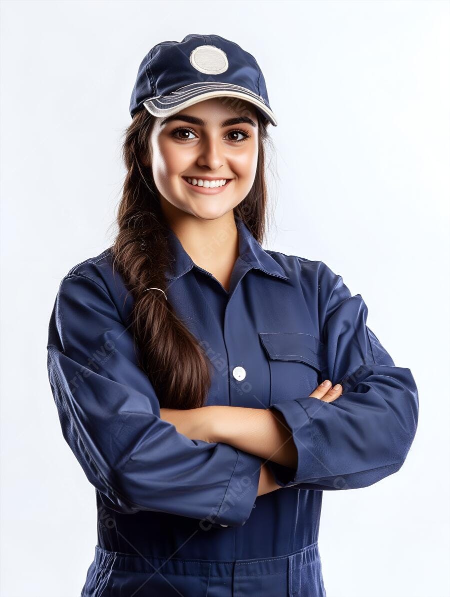 Mulher jovem sorridente com uniforme azul